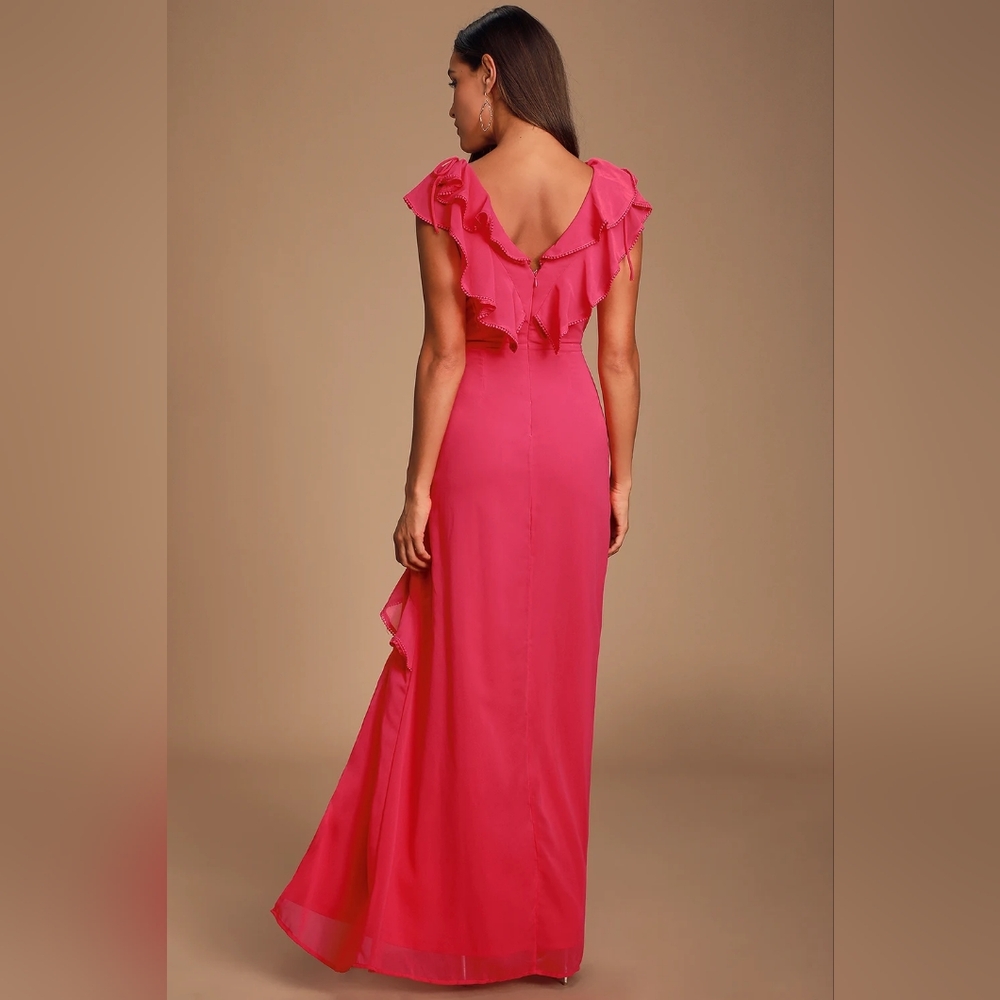 Lulu's Fuchsia Ruffle V-Neck Maxi Dress - Picture 7 of 13